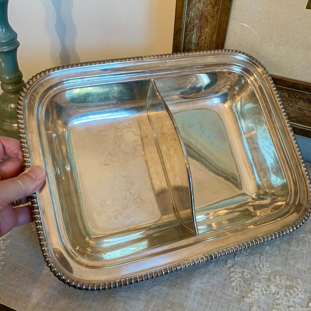 Silver Plate Divided Serving Dish with Roping Detail and Patina Vintage
